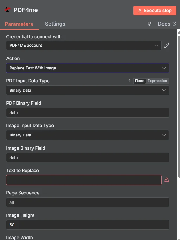 Nodo n8n configurado con Acción Reemplazar texto con imagen, Tipo de datos de entrada PDF Datos binarios, Datos de campo binario PDF, Tipo de datos de entrada de imagen Datos binarios, Datos de campo binario de imagen, Texto a reemplazar, Secuencia de página todas, Altura de imagen 50, Ancho de imagen